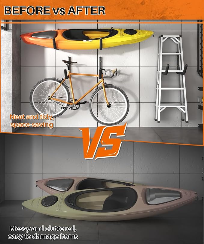 Heavy Duty Kayak Storage Rack with EVA Foam & Rubber Bushing, Wall Mount Kayak Hangers Large Hooks for Garage Hanger Canoe, Surfboard, Skiboard, Snowboard, Paddle Board, Ladders, Bike