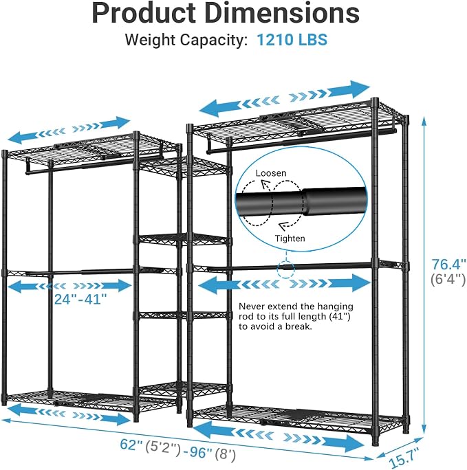 VIPEK X3 Expandable Heavy Duty Clothes Rack Closet Organizer System Black | Large Freestanding Clothing Rack with Adjustable Shelves and Hanger Rods from 5'2" to 8', Reach-in & Walk-in Closet 1210LBS