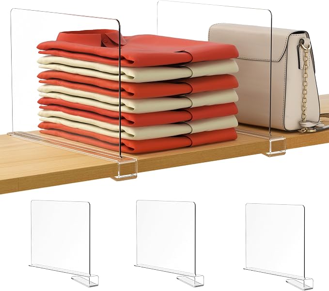 HBlife 3 Pack Clear Shelf Dividers, Vertical Purse Organizer for Closet Perfect for Sweater, Shirts, Handbags in Bedroom and Kitchen, Adjustable Acrylic Bookshelf for Organization
