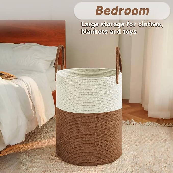 JMvicyroam 80L Cotton Rope Laundry Basket Hamper, White and Brown | Collapsible laundry basket, reinforced handles, freestanding, machine washable, holds 3-5 thick blankets, clothes or toys