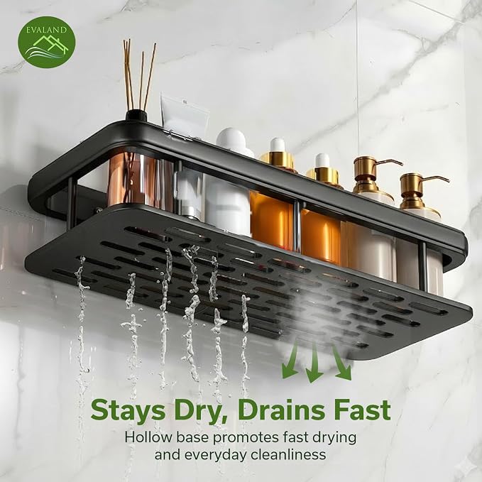 EVALAND Self Adhesive Shower Caddy Organizer 2-Pack No-Drill Storage | Hooks and Rod for Towels, Shower Shelves for Inside Shower, Bathtub Shelf, Rustproof, Rack, Easy Installation, Sturdy
