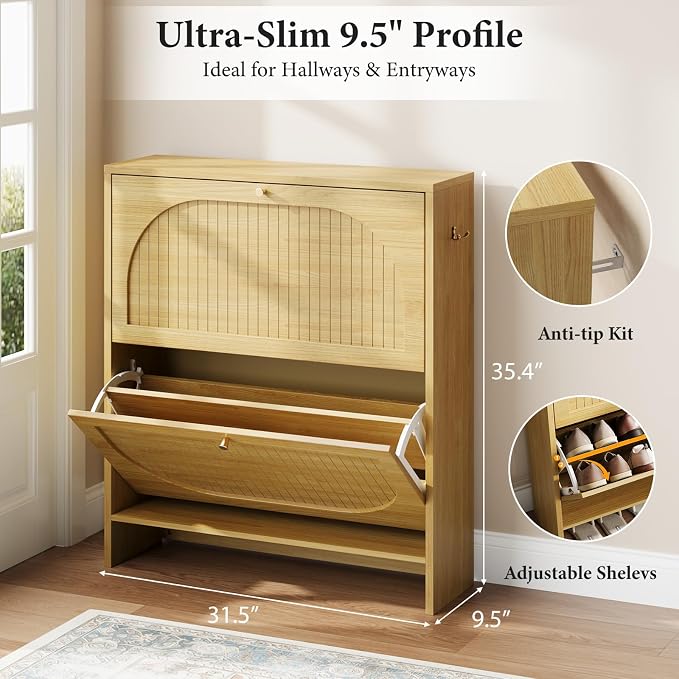 Nicetree Arch-Chic Shoe Cabinet for Entryway, Modern Mid-Century Shoe Storage Cabinet with Fluted, Narrow Shoe Rack with Adjustable Shelves & Tipping Protection, Fits Size 13.5 Shoes,Natural Oak