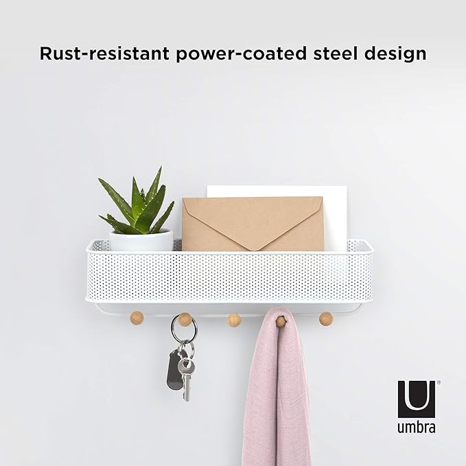 Umbra Estique Entryway Organizer, Wall Mount Key Holder, White/Natural | Steel construction, perforated mail bin, five wooden knob hooks, hidden mounting hardware, holds up to 5 lbs