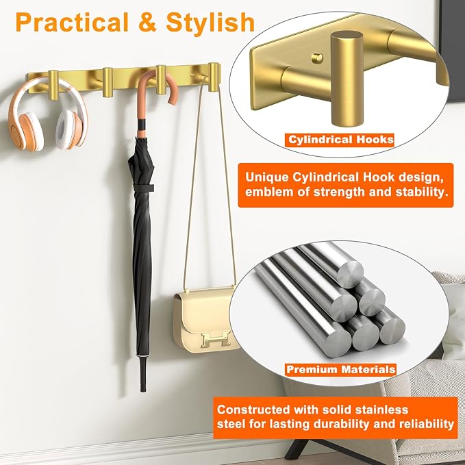 Wall Mounted Coat Rack-4 Hooks, Heavy Duty Stainless Steel Wall Hooks for Towel Coat Bag, Hat Rack Coat Hanger Coat Hooks Towel Racks for Bathroom Entryway Kitchen Hotel Office (Gold, 1 Pack)