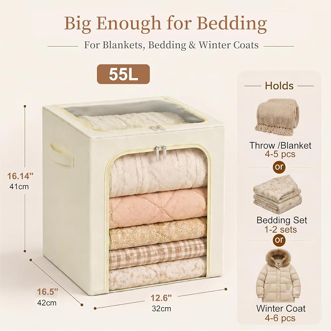 GoMaihe Blanket Storage Bins with Metal Frame for Closet, 55L 6-Pack Beige | Winter Coat Clothing Comforters Bedding, Closet Top Shelf Organizer, Collapse-Proof Stackable, Clear Window Dual Access