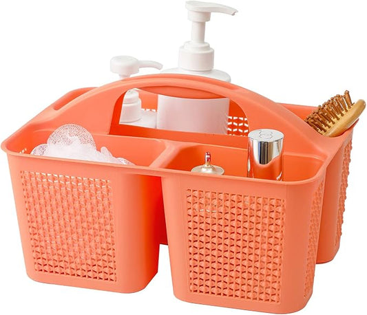 Plastic Portable Shower Caddy Basket with Handle, 3 Compartments, Orange | Storage Organizer with Drain Holes, Sturdy and Durable For Bathroom, Kitchen, College Dorm, Sink, Camping