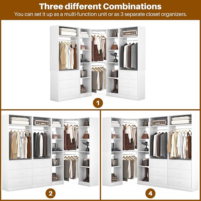 Besiost Corner Closet System with 6 Drawers, Closet Organizer System with 14 Shelves & 4 Hanging Rods, 87.2"L * 39.2"W / 63.2"L * 63.2"W Reversible L Shaped Walk-in Closets, Load 2500+LBS, White