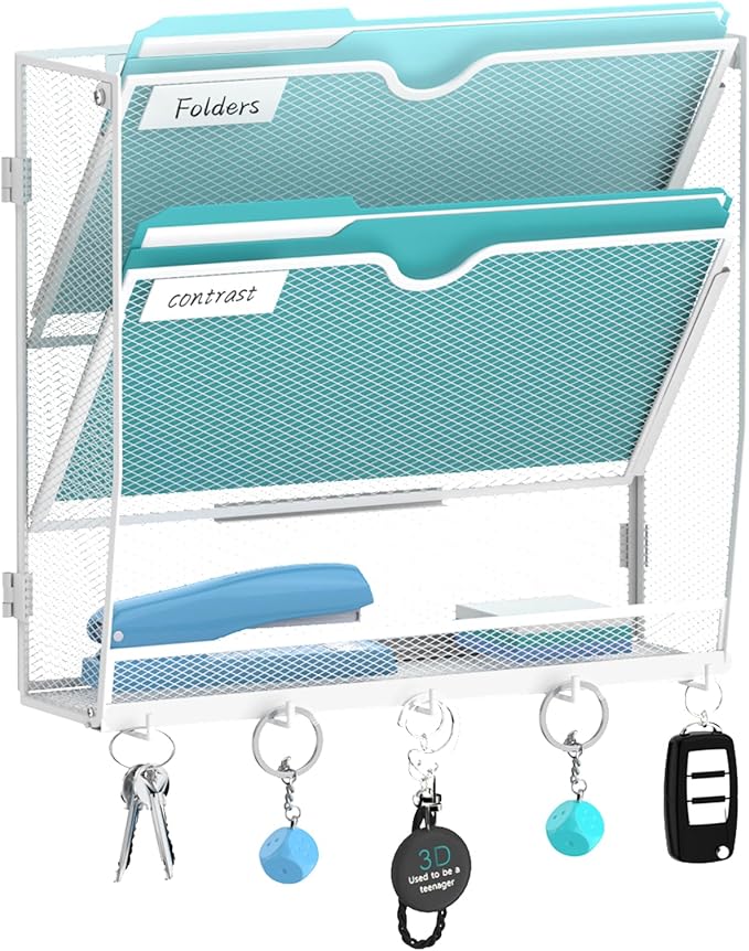 Wall File Organizer - Hanging File Organizer with 5 Hooks, Mail Holder Wall Mounted for Papers, Folders, Magazines, Bills, 3 Tier Office&School Organization, White