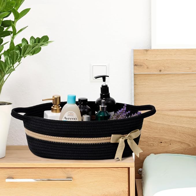 CHICVITA Small Woven Gift Basket, Cotton Rope Storage Basket, Black & Brown | 13" x 10" x 5", Diapers, Toys & Towels Organization, Nursery, Bathroom & Home Decor, Built-In Handles
