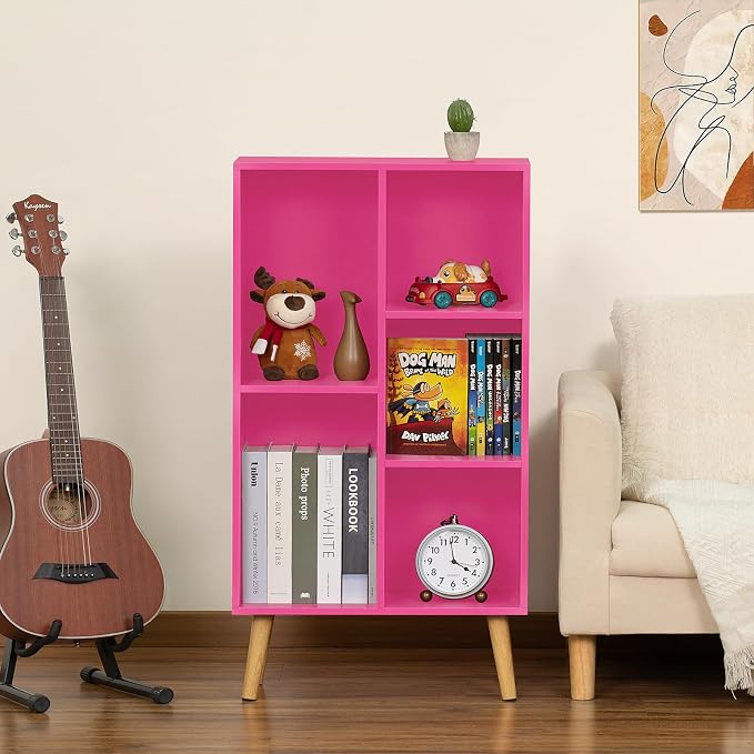LEYAOYAO 5 Cube Bookshelf, Mid-Century Modern Book Shelf with Legs, Pink | 3 Tier Bookcase, Rustic Wood Bookshelves Freestanding Small Storage Organizer, Open Shelves for Bedroom, Living Room, Office