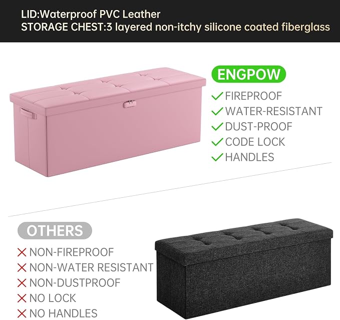 ENGPOW Storage Ottoman, Fireproof Folding Bench with Lock(15”x 43”x15”), Water-Resistant ＆ Heat Insulation Large Storage Chest with Handles＆2 Extra Spaces Safe for Living Room, Bedroom, Home, Pink