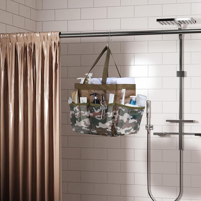 Mesh Shower Caddy Portable - 8 Pockets, S-Hook, Shower Bag for Dorm Camping | 2-Handle, Quick-Dry, Toiletry Organizer, College Dorm Room Essentials for Girls, Gym, Travel & Bathroom, Brown Camouflage