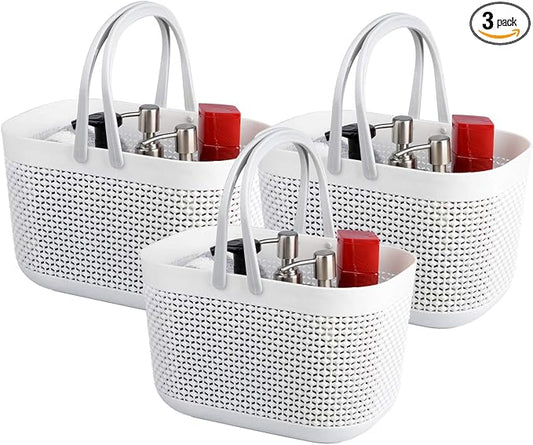 Plastic Portable Shower Caddy Basket, Storage Organizer, White, 3Pack | Bottom Drain Holes, Keep Dry, Sturdy and Durable, Easy to Carry for Bathroom, Kitchen, Dorm Room, RV, College