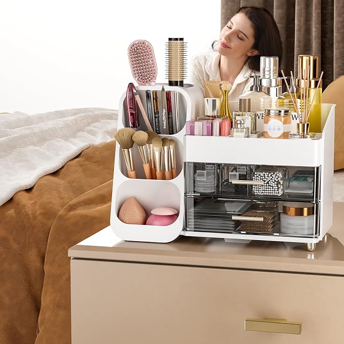 Makeup Organizer with Drawers for Vanity Bathroom Counter Organizers and Storage, Large Skincare Organizer with Brush Toothbrush Holder for Perfume, Nail Polish, Dresser, Office Supplies, White
