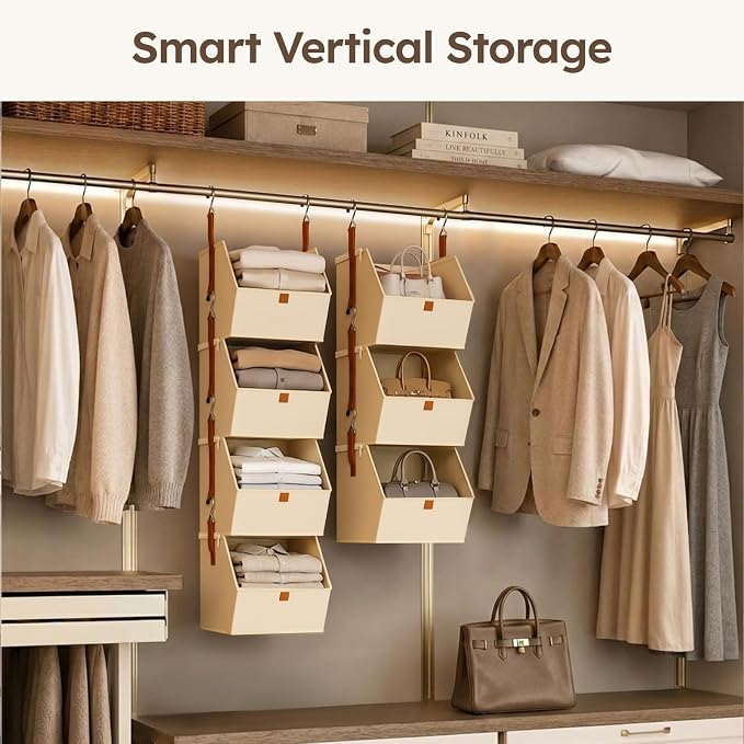 Homsorout Hanging Closet Organizer 4 Tier - Clothes Hanging Shelves, Space-Saving Closet System, Fabric Storage Bins Bedroom Organization, Collapsible Baskets for Home, Dorm, Rv, Beige