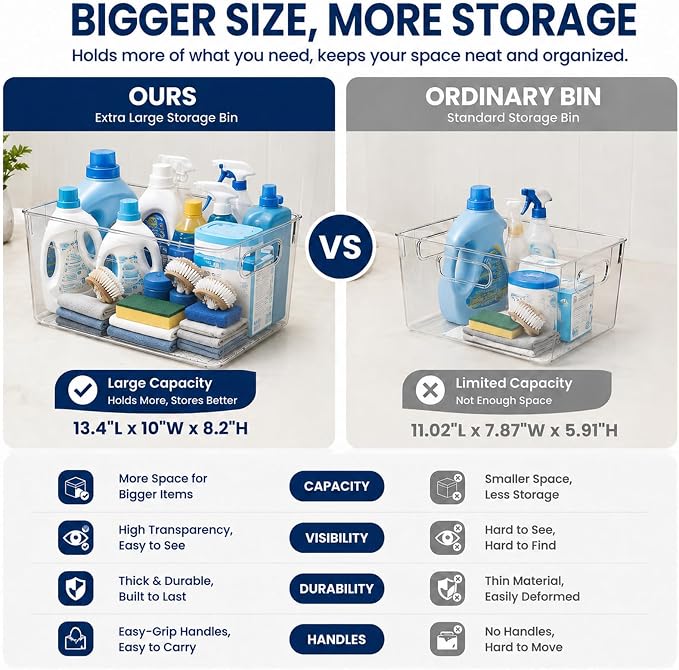 MOONEDGE 4 Pack Extra Large Clear Plastic Storage Bins 13x10x8in Organizers | 16QT Each, Pantry Organizers and Storage, Cabinet Storage, Bathroom, Closet, Under-Sink, Kitchen Shelves, Side Handles, Home