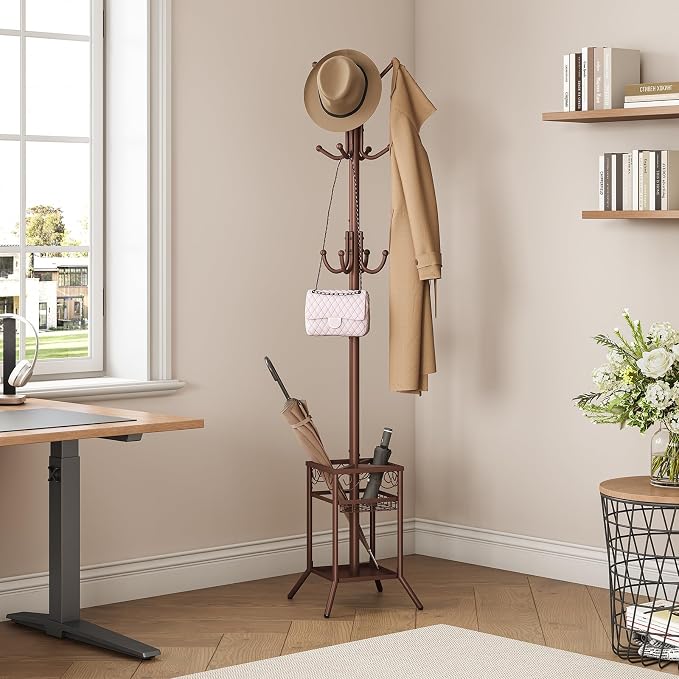 ELYKEN Coat Rack Freestanding, Metal Coat Rack with Umbrella Holder | 12 Hooks, Square Base, Heavy Duty Floor Standing Coat Tree for Entryway, Hallway, Living Room, Bedroom, Office, Brown