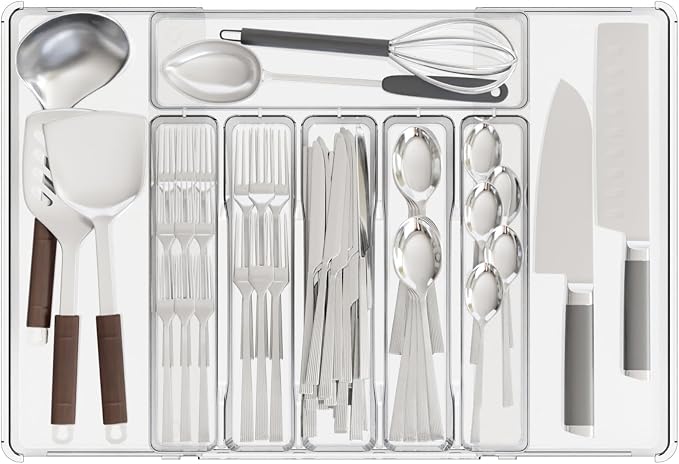 Clear Expandable Silverware Drawer Organizer - Adjust From 11'' to 22'' - Knife,Cutlery,Spoons and Forks Organizer,Large 8 Grid Flatware,Silverware Tray,Utensil Organizer for Kitchen Drawers