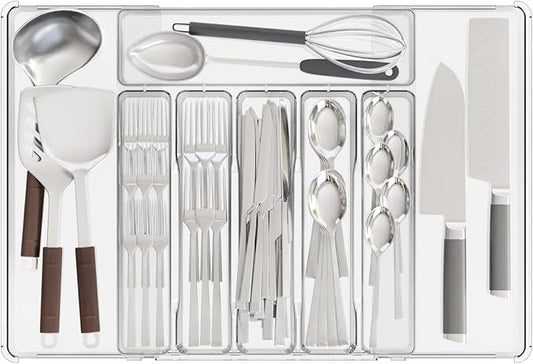 Clear Expandable Silverware Drawer Organizer - Adjust From 11'' to 22'' - Knife,Cutlery,Spoons and Forks Organizer,Large 8 Grid Flatware,Silverware Tray,Utensil Organizer for Kitchen Drawers