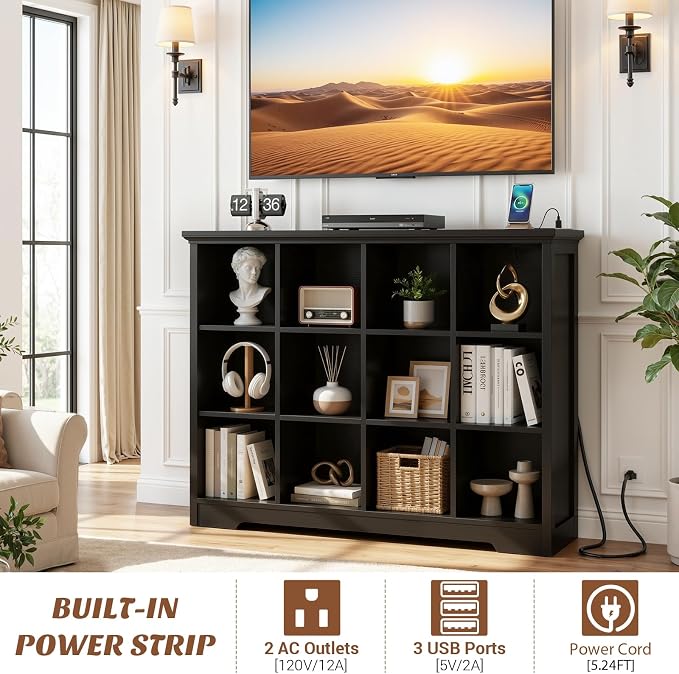 Aheaplus Wooden 12-Cube Storage Organizer with Charging Ports, Modern Cube Bookcase with Base, 4-Tier Floor Standing Open Cubbies Bookshelf, Cubicle Display Shelf for Home and Office, Black