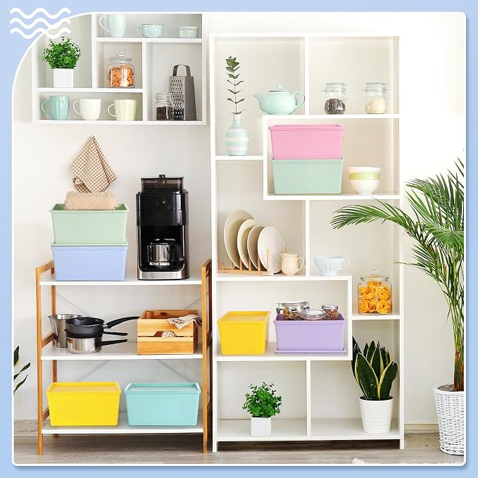 8 Pcs Storage Bins with Lids Small Plastic Storage Containers Stackable Storing Baskets Box Cute Organizer Bins for Organizing Shelves (Mixed Color)