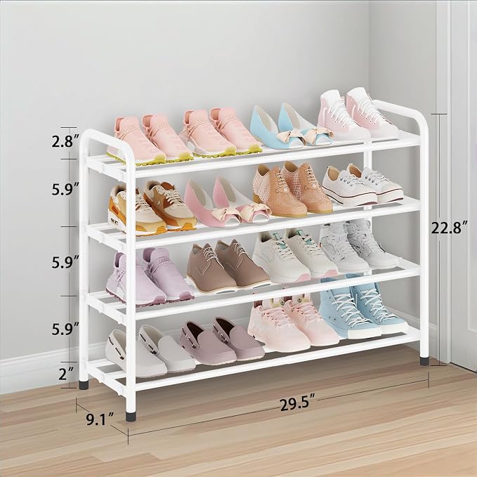 KANAV 4-Tier Expandable Shoe Rack, Heavy Duty Adjustable Metal Shoe Organizer for Closet, Entryway & Mudroom, Freestanding, Tool-Free Assembly, White