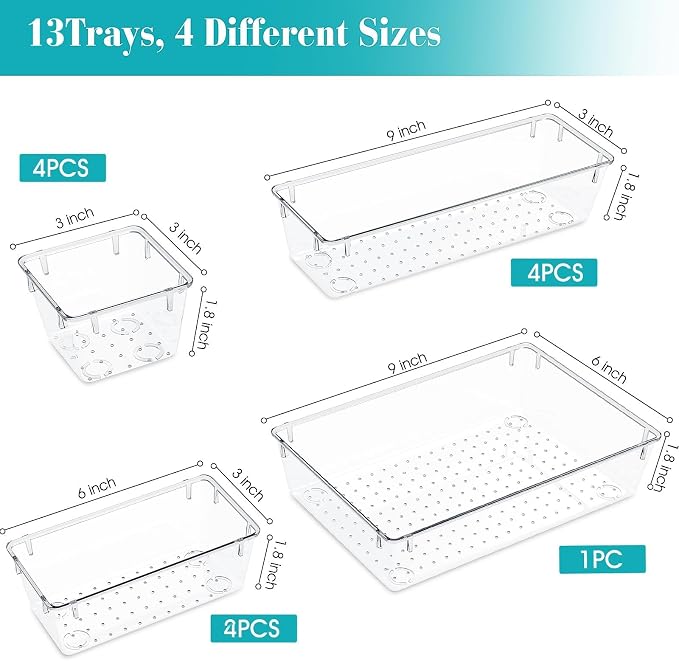 StorMiracle 13 PCS Clear Plastic Drawer Organizers Set, 4 Size Desk Drawer Organizer Trays for Makeup, Jewelry, Kitchen Utensils, Gadgets and Office Accessories
