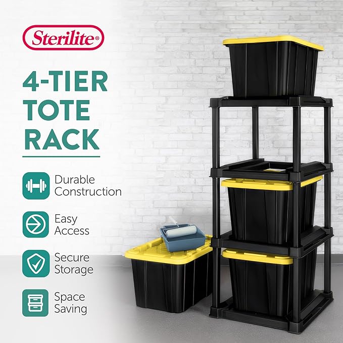 Sterilite 4-Tier Tote Rack with 4-Pack 27 Gallon Industrial Storage Totes | Shelving Unit and Heavy-Duty and Stackable Utility Box Containers for Home, Office, and Basement Organization, Black/Yellow