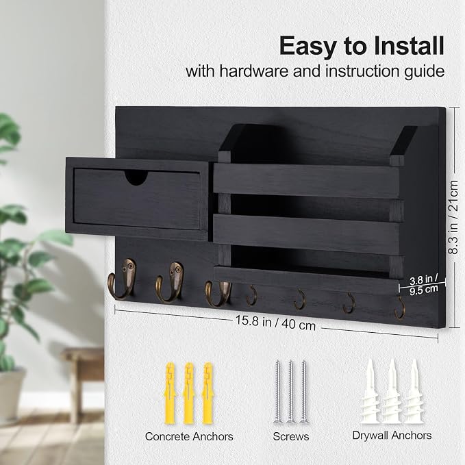 Lwenki Wall Mount Key Holder with Mail Organizer, 100% Paulownia Wood, 7 Metal Hooks, Storage Drawer, Entryway Home Decor (Black)