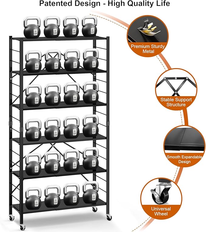 Himix 6-Tier Foldable Storage Shelves with Wheels Adjustable Kitchen Black