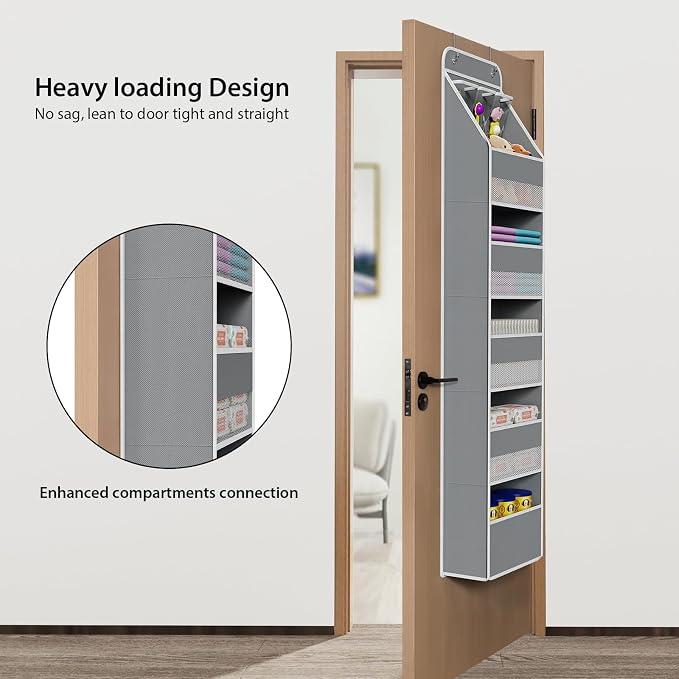 Univivi Fabric Over Door Hanging Organizer for Baby Nursery, Grey, 6-Shelf | Door Storage with Large Capacity Breathable Mesh Pockets, Over the Door Organizer for Baby Essential, Bedroom and Dorm