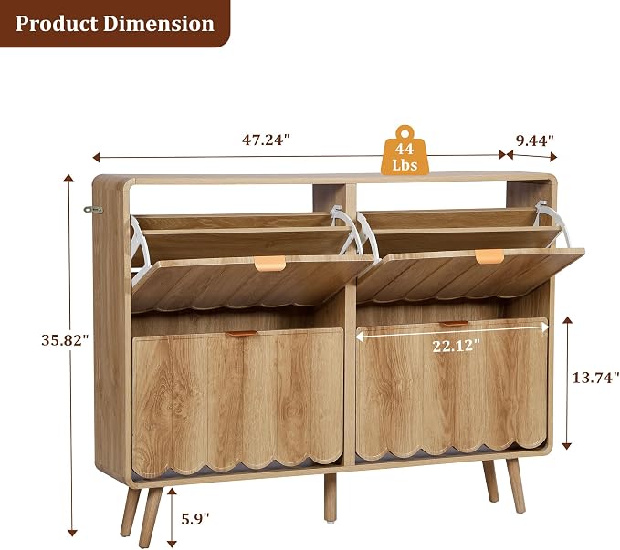 Shoe Storage Cabinet for Entryway with 4 Flip Drawers, Freestanding Narrow Wood Shoe Cabinet with Wave Panel, Hidden Shoe Organizer for Foyer, Hallway (Natural)