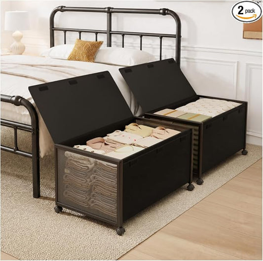 Fokyfok 2 Pack Under Bed Storage with Wheels,14 inch Tall Extra Large Under Bed Clothes Storage ,Underbed Storage with Wheels,Rolling Under Bed Drawers with Lid for Dorm,College,Apartment,Black