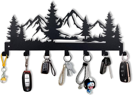 Metal Key Holder, Wall Mounted Key Hooks, Key Holder for Wall, Key Organizer Rack with 7 Hooks, Key Hanger Decor for Kitchen, Entryway, Hallway, Bedroom, Doorway (Mountain 12IN)