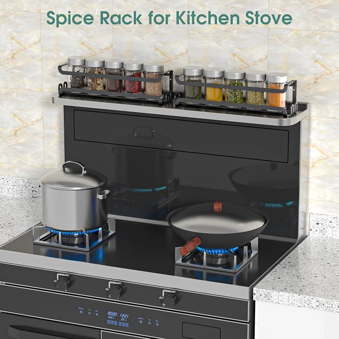 LUCYCAZ 2 Pack Wall Mounted Spice Rack for Spice Jars & Seasonings (Black) | 8 Metal Hooks, Space-Saving,Screw or Adhesive Spice Shelf Hanging,for Kitchen Cabinet,Pantry Door,RV,Camper Spice Orgnaizer