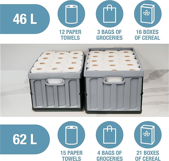 CleverMade Collapsible Storage Bins with Lids, 62L, 3 Pack, Ocean | Large-capacity bins support 100 lb and stack securely. The lid stores underneath, and each crate folds to 2.5 inches.