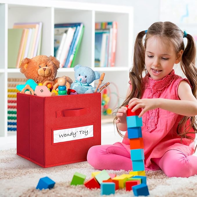 13x13x13 storage cube bins(Set of 10) Fabric storage cubes with 10 Labels Window Cards & a Pen, storage cubes 13x13, Collapsible 13 inch cube storage bins, Cubby Organizer Boxes, Red
