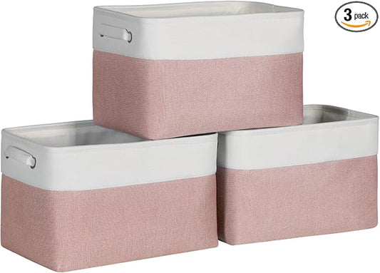 Foldable Storage Bin Collapsible Fabric Storage Basket Cube with Durable Handles Closet Organizer Bins for Organizing Shelves Drawers, Set of 3, 15" x 10" x 9.5", Pink