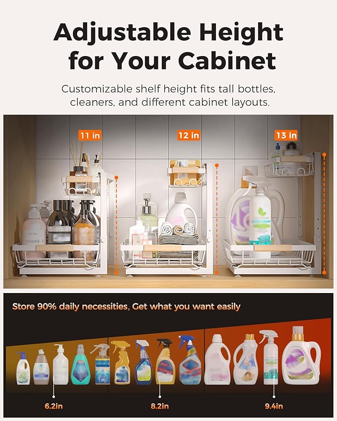 Sevenblue 3 Pack Under Sink Organizer, Height Adjustable 2 Tier Pull-Out Metal Under Kitchen Sink Organizer, Multi-Purpose Storage Shelves for Kitchen Bathroom Cabinet, White