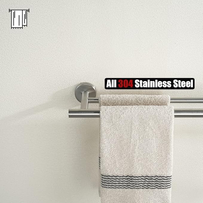 JQK Double Towel Bar 27 Inch, Brushed Steel Useable Length 24 Inch 304 Stainless Steel Thicken 0.8mm Bath Towel Rack for Bathroom, Towel Holder Wall Mount 2 Pack, TB100L24-BN-P2