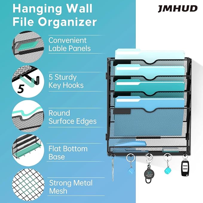 2 Pack 5 Tier Wall File Organizer - Hanging File Organizer with 5 Hooks, Mail Holder Wall Mounted for Papers, Folders, Magazines, Bills, Office&School Organization, Black