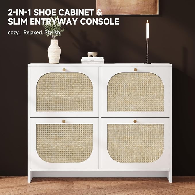 Nicetree Freestanding Ultra Slim Arched Rattan Accent Shoe Storage Cabinet for Entryway - 4 Flip Drawers & 3-Tier Adjustable Shelves, Farmhouse Modern Rustic Shoe Rack for Hallway Foyer,Cloud White