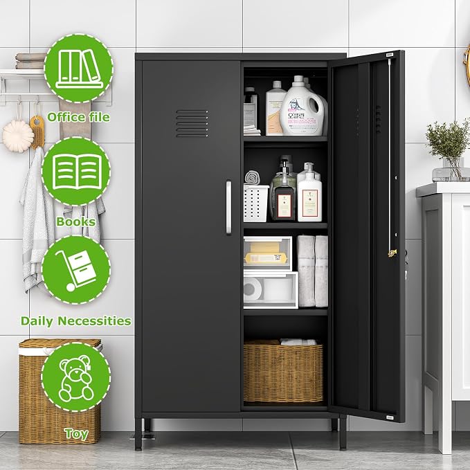 PAOFIN 47" Metal Storage Locker, Lockable Employees Metal Locker with 2 Door and Adjustable Shelves, Steel Locker for Home, School, Office, Gym (Black)