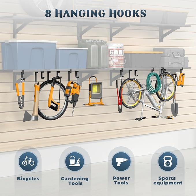Jusgym 2 Pack Heavy Duty Garage Wall Shelving with 8 Hooks, 1x4ft, 500lbs | Garage Shelving Wall Mounted, 5-Bar Square Tube, Metal Floating Shelves, Industrial Storage Rack for Bins, Tools, Bikes