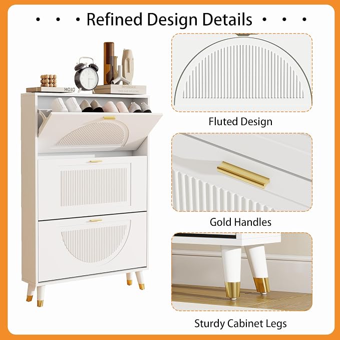 Narrow Shoe Cabinet Storage for Entryway: Cabinet Shoe Rack Organizer, White Shoes Cabinets with 3 Flip Drawers, Modern Shoes Storage Entryway for Front Door Entrance (1 Piece, 32")
