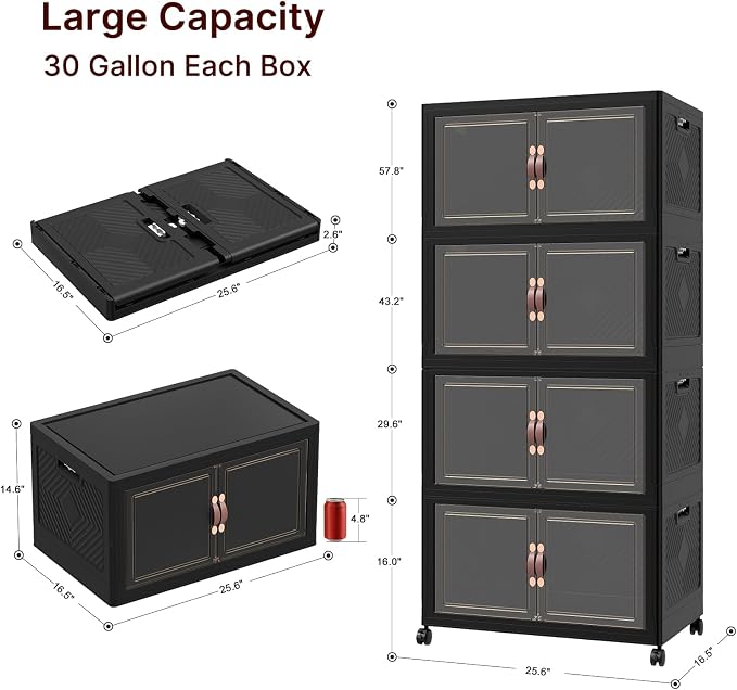 UAMFURI Stackable Storage Bins with Lids, 960QT Lockable Storage Cabinet | Folding Storage Box with Doors and Wheels, Collapsible Plastic Drawers for Home, Garage, Office