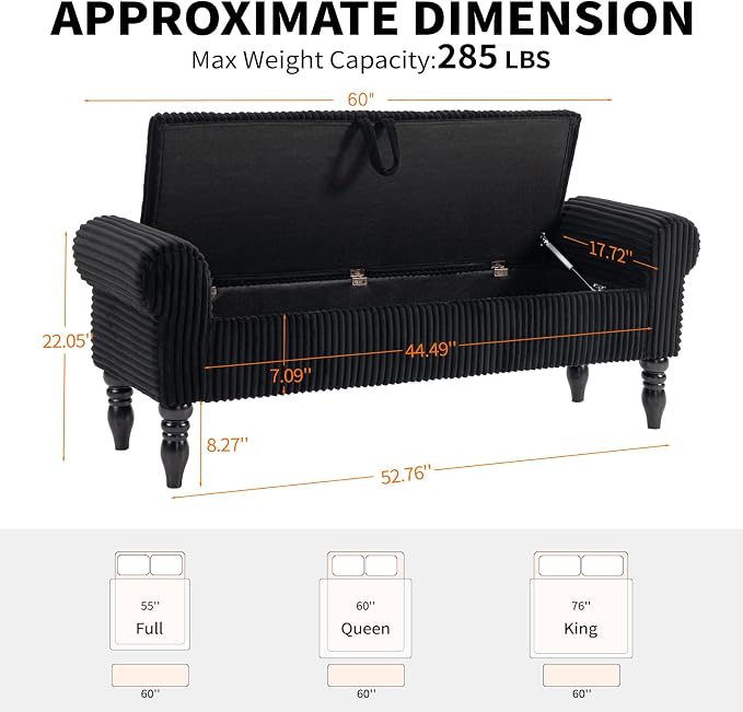 60" Corduroy Storage Bench, Queen End of Bed, Black | Corduroy Upholstered, Bedroom/Entryway/Closet, Storage Ottoman Bench, Window Seat, Lift-Top, Tufted Button, Solid Wood Legs.