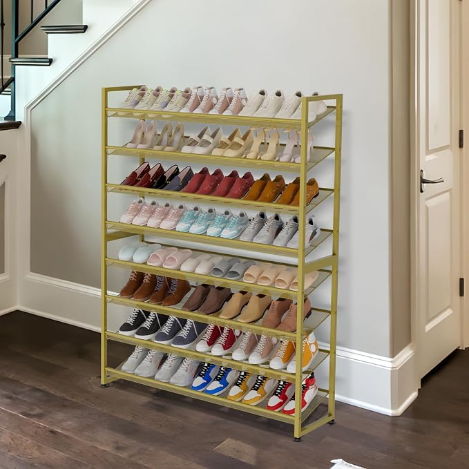 Large Shoe Rack 8 Tier Shoe Organizer, Heavy Duty Metal 4-Tier Stackable Shoe Storage Vertical Shoe Rack for Closet Front Door Entrance, Up to 50 Pairs, 44.8" W x 11.4" D x 56.7" H, Gold