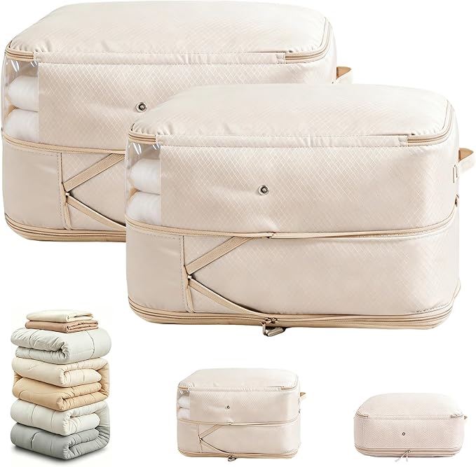 Comforter Storage Bag, Large Capacity Blanket Storage Bags 2-Layer Ultra Space Saving Self Compression Organizer, Heavy Duty Space Saver Organizer for Bedding, Clothes, Blanket, 2-Pack, Beige