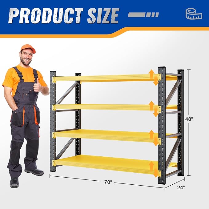 BYBYNSOE 48" W Storage Shelves 3000lbs Garage Metal Shelving Heavy Duty Garage Shelves Adjustable Storage Shelves for Industrial, Factory (Black Yellow, 48" W X 24" D X 69" H)